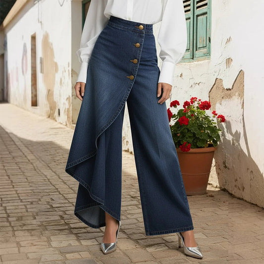 Gluschwein - 【⏰Nur noch 10 Stück – solange der Vorrat reicht】Asymmetrische Wickeljeans 👖 – trifft Culottes auf Hose. Hochgeschnitten für optisch längere Beine, weit & fließend, mit diagonalen Knöpfen. Im Handumdrehen zur Fashionista! ✨