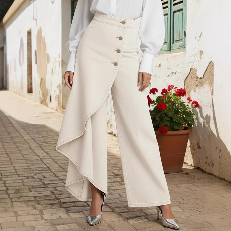 Gluschwein - 【⏰Nur noch 10 Stück – solange der Vorrat reicht】Asymmetrische Wickeljeans 👖 – trifft Culottes auf Hose. Hochgeschnitten für optisch längere Beine, weit & fließend, mit diagonalen Knöpfen. Im Handumdrehen zur Fashionista! ✨