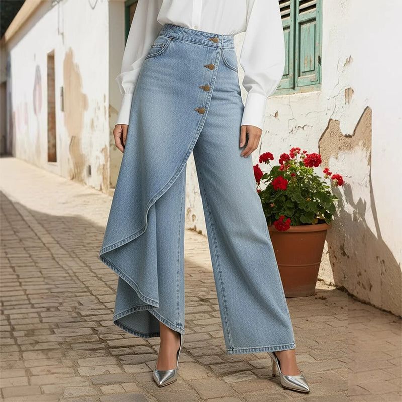 Gluschwein - 【⏰Nur noch 10 Stück – solange der Vorrat reicht】Asymmetrische Wickeljeans 👖 – trifft Culottes auf Hose. Hochgeschnitten für optisch längere Beine, weit & fließend, mit diagonalen Knöpfen. Im Handumdrehen zur Fashionista! ✨