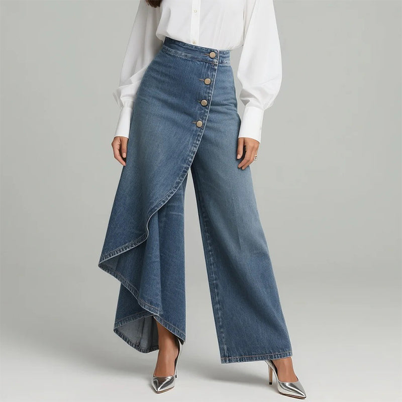 Gluschwein - 【⏰Nur noch 10 Stück – solange der Vorrat reicht】Asymmetrische Wickeljeans 👖 – trifft Culottes auf Hose. Hochgeschnitten für optisch längere Beine, weit & fließend, mit diagonalen Knöpfen. Im Handumdrehen zur Fashionista! ✨