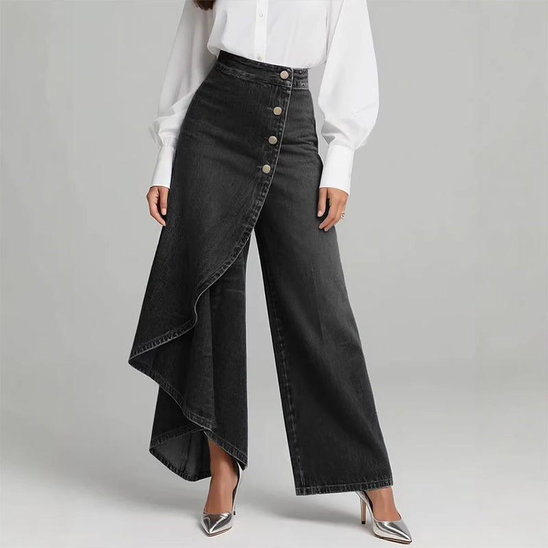 Gluschwein - 【⏰Nur noch 10 Stück – solange der Vorrat reicht】Asymmetrische Wickeljeans 👖 – trifft Culottes auf Hose. Hochgeschnitten für optisch längere Beine, weit & fließend, mit diagonalen Knöpfen. Im Handumdrehen zur Fashionista! ✨