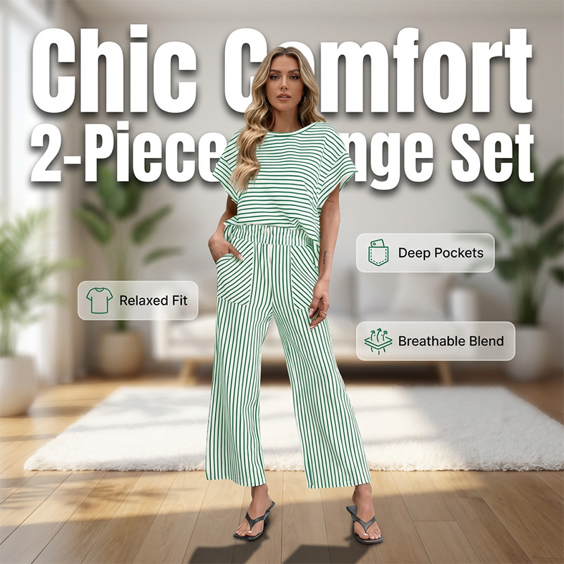 Gluschwein - 👚 Zweiteiliges Lounge-Set für Damen mit Streifenmuster – tiefe Seitentaschen, bequemer Stretch-Bund. ✨