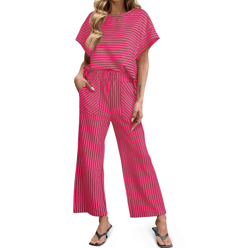 Gluschwein - 👚 Zweiteiliges Lounge-Set für Damen mit Streifenmuster – tiefe Seitentaschen, bequemer Stretch-Bund. ✨
