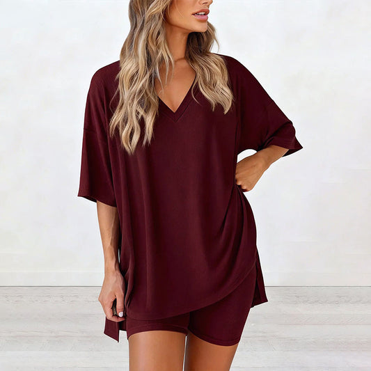 Gluschwein - 👚 50% RABATT ! ✨ Damen Lounge-Set mit V-Ausschnitt – Lockere Passform, Knitterfrei & Seidig Weich 🛋️