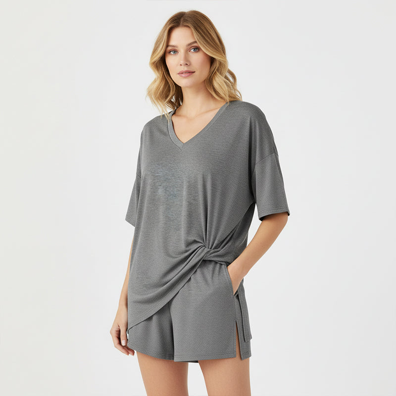 👚 50% RABATT ! ✨ Damen Lounge-Set mit V-Ausschnitt – Lockere Passform, Knitterfrei & Seidig Weich 🛋️
