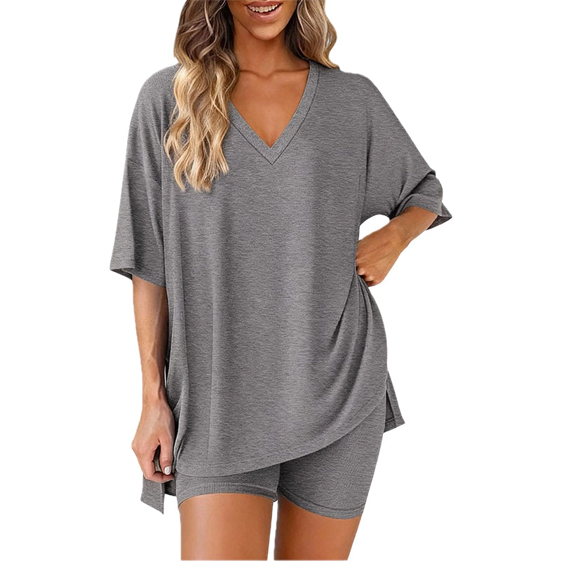 👚 50% RABATT ! ✨ Damen Lounge-Set mit V-Ausschnitt – Lockere Passform, Knitterfrei & Seidig Weich 🛋️