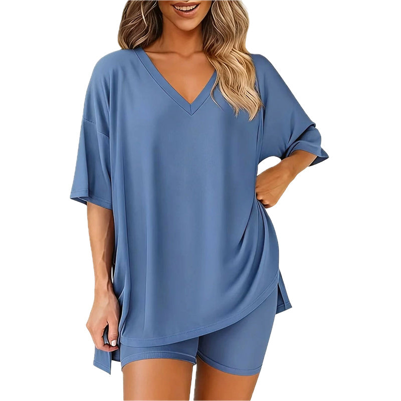 👚 50% RABATT ! ✨ Damen Lounge-Set mit V-Ausschnitt – Lockere Passform, Knitterfrei & Seidig Weich 🛋️