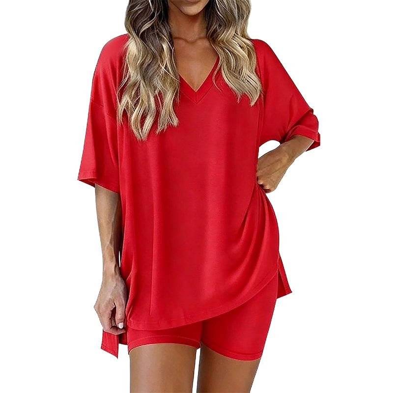 👚 50% RABATT ! ✨ Damen Lounge-Set mit V-Ausschnitt – Lockere Passform, Knitterfrei & Seidig Weich 🛋️