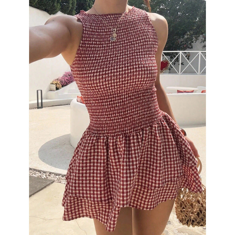 🌷Solange der Vorrat reicht 49% Rabatt!🌷Ärmelloses Minikleid aus Gingham-Stoff mit Smok-Details – Kostenloser Versand ab zwei Stück