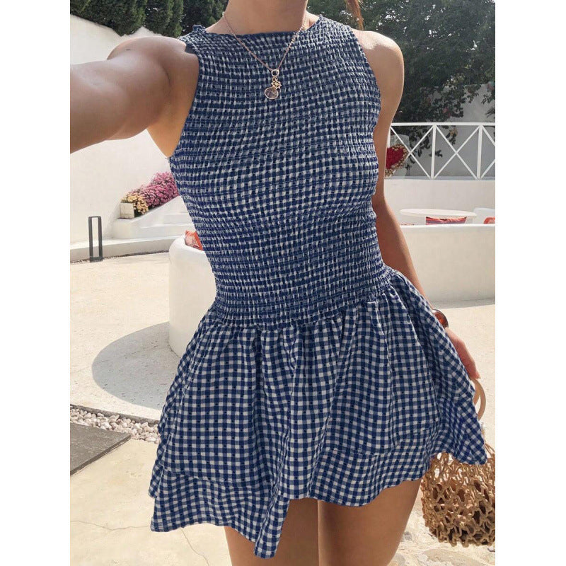 🌷Solange der Vorrat reicht 49% Rabatt!🌷Ärmelloses Minikleid aus Gingham-Stoff mit Smok-Details – Kostenloser Versand ab zwei Stück