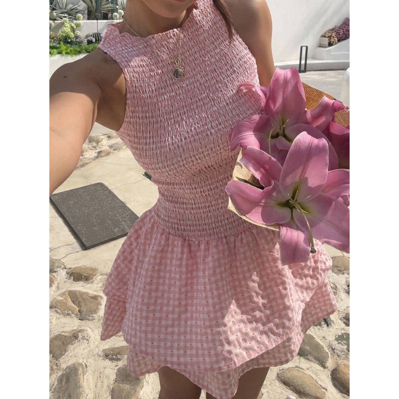 🌷Solange der Vorrat reicht 49% Rabatt!🌷Ärmelloses Minikleid aus Gingham-Stoff mit Smok-Details – Kostenloser Versand ab zwei Stück