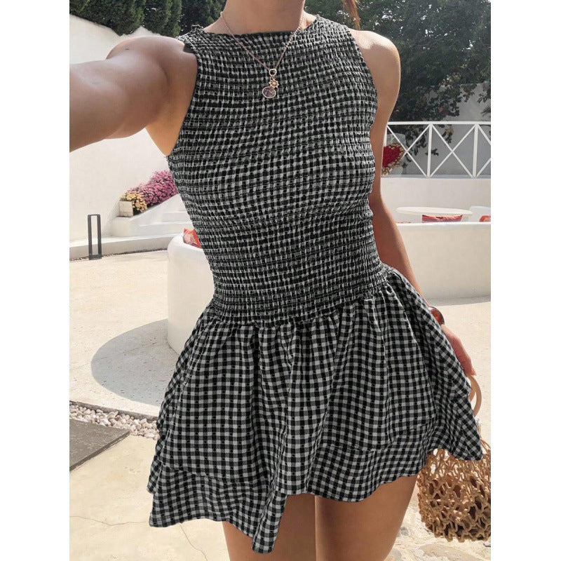 🌷Solange der Vorrat reicht 49% Rabatt!🌷Ärmelloses Minikleid aus Gingham-Stoff mit Smok-Details – Kostenloser Versand ab zwei Stück