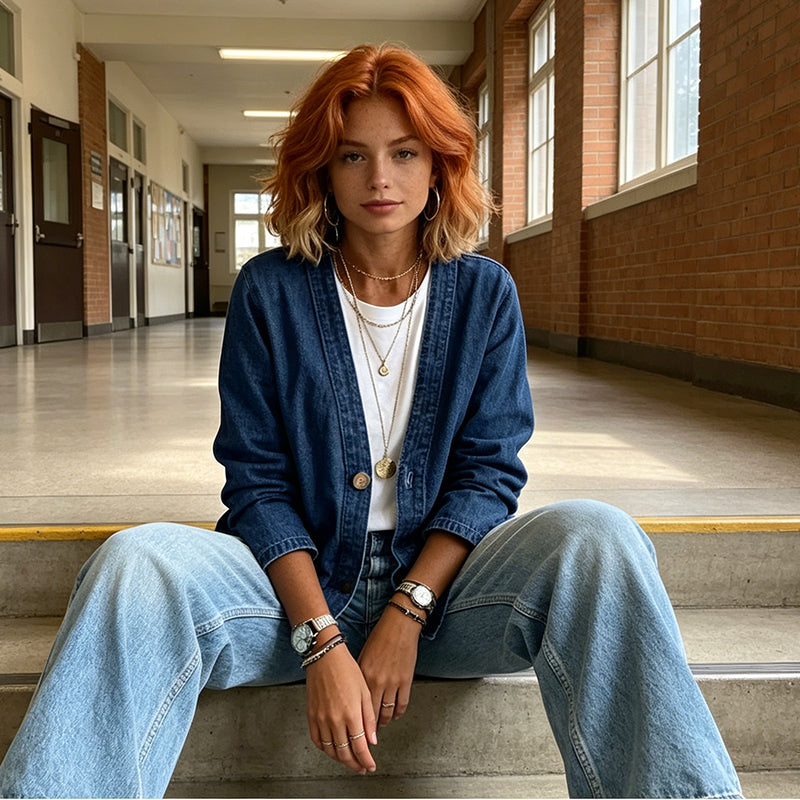 🧥 JETZT 50 % RABATT! ✨ Klassische Damen-Jeansjacke mit Knopfleiste – V-Ausschnitt, atmungsaktives Material & lockere Passform 💙