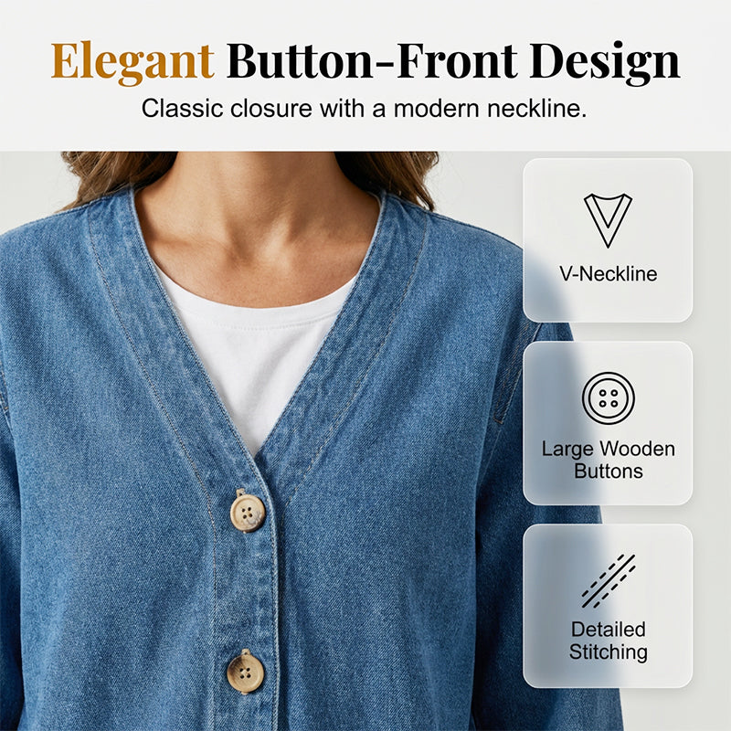 🧥 JETZT 50 % RABATT! ✨ Klassische Damen-Jeansjacke mit Knopfleiste – V-Ausschnitt, atmungsaktives Material & lockere Passform 💙