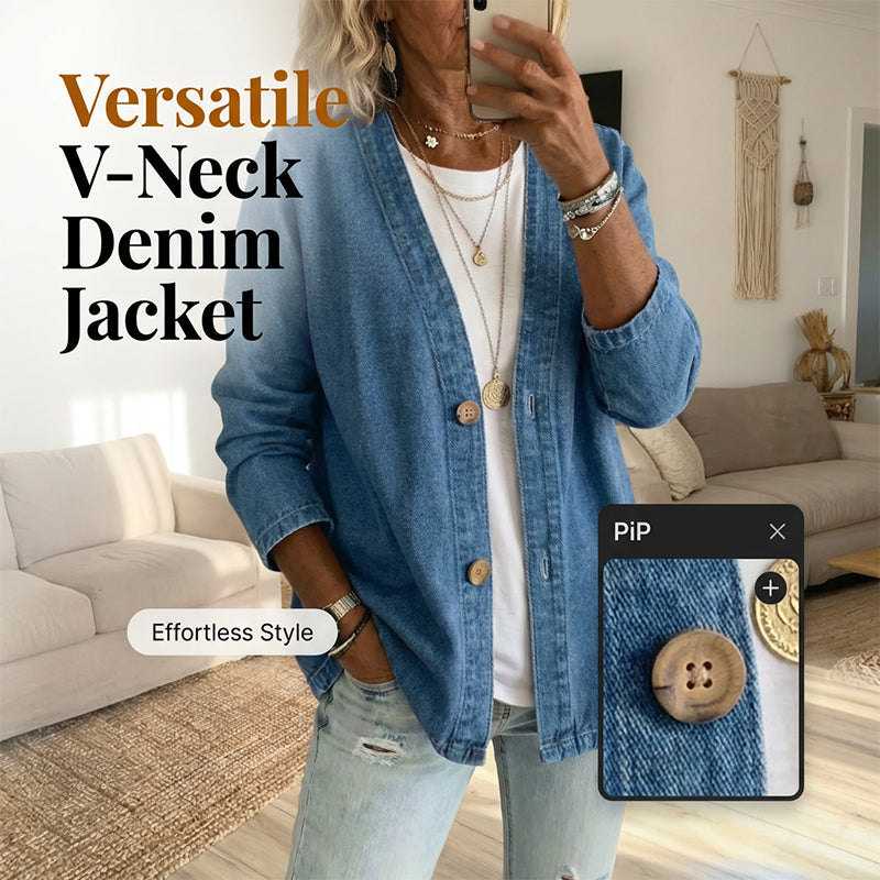 🧥 JETZT 50 % RABATT! ✨ Klassische Damen-Jeansjacke mit Knopfleiste – V-Ausschnitt, atmungsaktives Material & lockere Passform 💙
