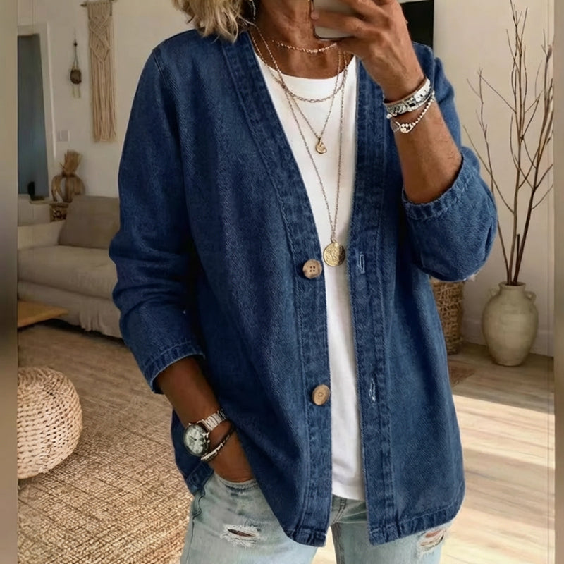 🧥 JETZT 50 % RABATT! ✨ Klassische Damen-Jeansjacke mit Knopfleiste – V-Ausschnitt, atmungsaktives Material & lockere Passform 💙