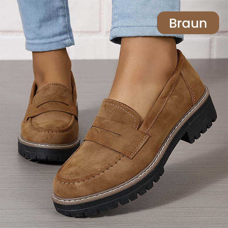 Gluschwein - Bequeme Damen-Slip-On-Loafers mit Blockabsatz