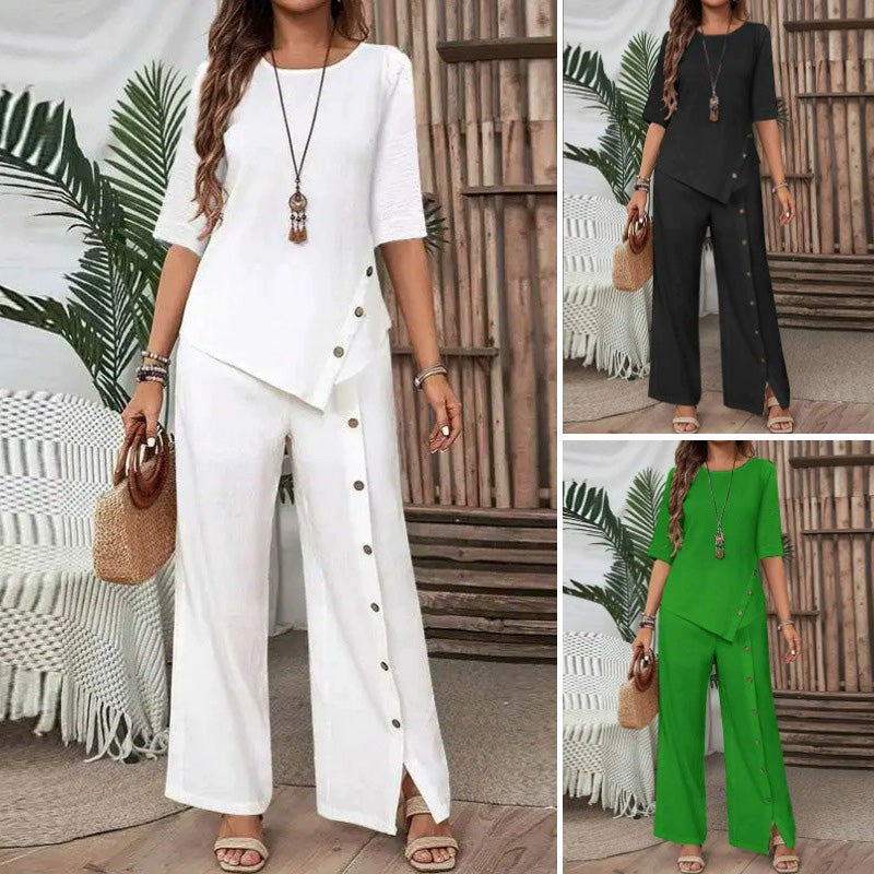 Gluschwein - Asymmetrisches Zweiteiler-Set 👗: Asymmetrisches Oberteil + Hose mit einreihiger Knopfleiste — Locker & atmungsaktiv 🛍️
