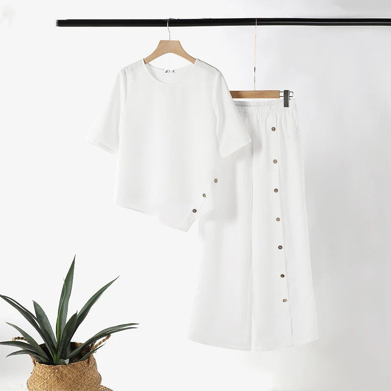 Gluschwein - Asymmetrisches Zweiteiler-Set 👗: Asymmetrisches Oberteil + Hose mit einreihiger Knopfleiste — Locker & atmungsaktiv 🛍️