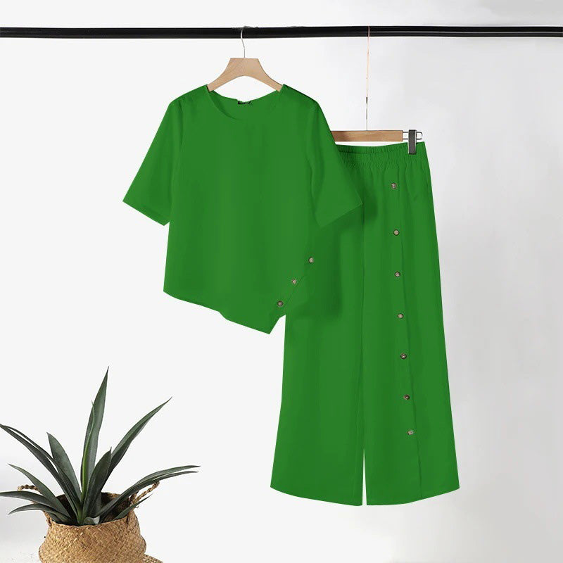 Gluschwein - Asymmetrisches Zweiteiler-Set 👗: Asymmetrisches Oberteil + Hose mit einreihiger Knopfleiste — Locker & atmungsaktiv 🛍️