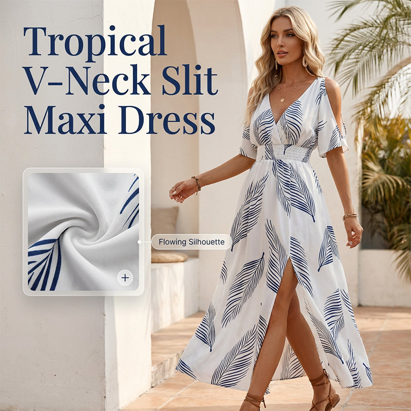 Gluschwein - 🌺 Neu eingetroffen! Tropisches Maxikleid | V-Ausschnitt + Cold-Shoulder + Gummizug-Taille – Leicht & atmungsaktiv ☀️👗