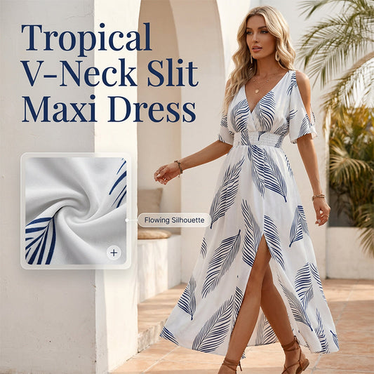 Gluschwein - 🌺 Neu eingetroffen! Tropisches Maxikleid | V-Ausschnitt + Cold-Shoulder + Gummizug-Taille – Leicht & atmungsaktiv ☀️👗