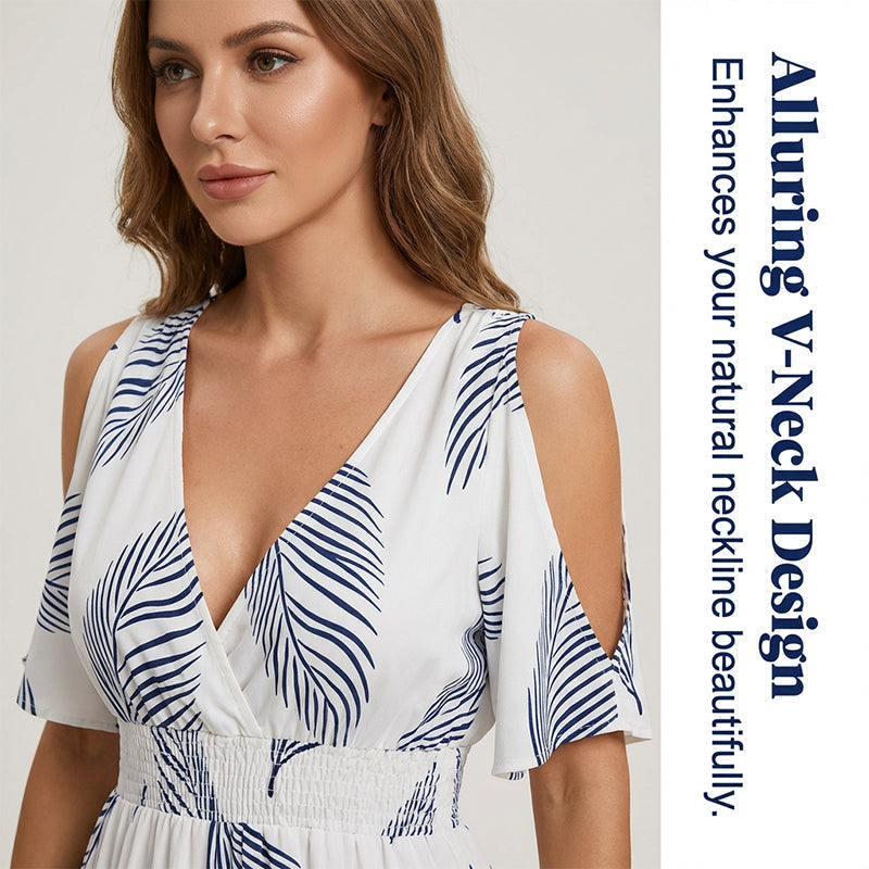 Gluschwein - 🌺 Neu eingetroffen! Tropisches Maxikleid | V-Ausschnitt + Cold-Shoulder + Gummizug-Taille – Leicht & atmungsaktiv ☀️👗