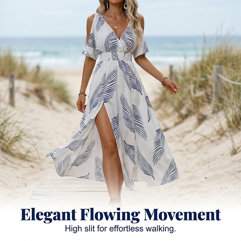 Gluschwein - 🌺 Neu eingetroffen! Tropisches Maxikleid | V-Ausschnitt + Cold-Shoulder + Gummizug-Taille – Leicht & atmungsaktiv ☀️👗