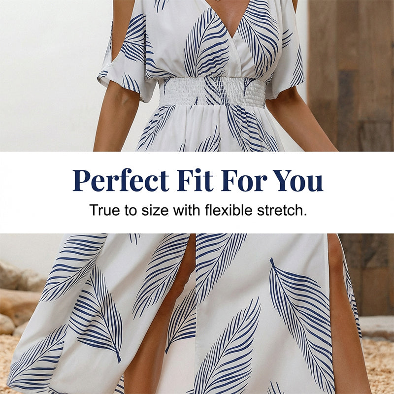 Gluschwein - 🌺 Neu eingetroffen! Tropisches Maxikleid | V-Ausschnitt + Cold-Shoulder + Gummizug-Taille – Leicht & atmungsaktiv ☀️👗