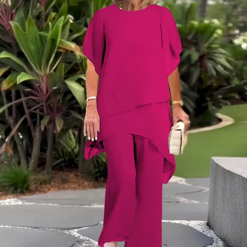 Gluschwein - Damen-Zweiteiler: Charmantes asymmetrisches Top & Hose mit weitem Bein