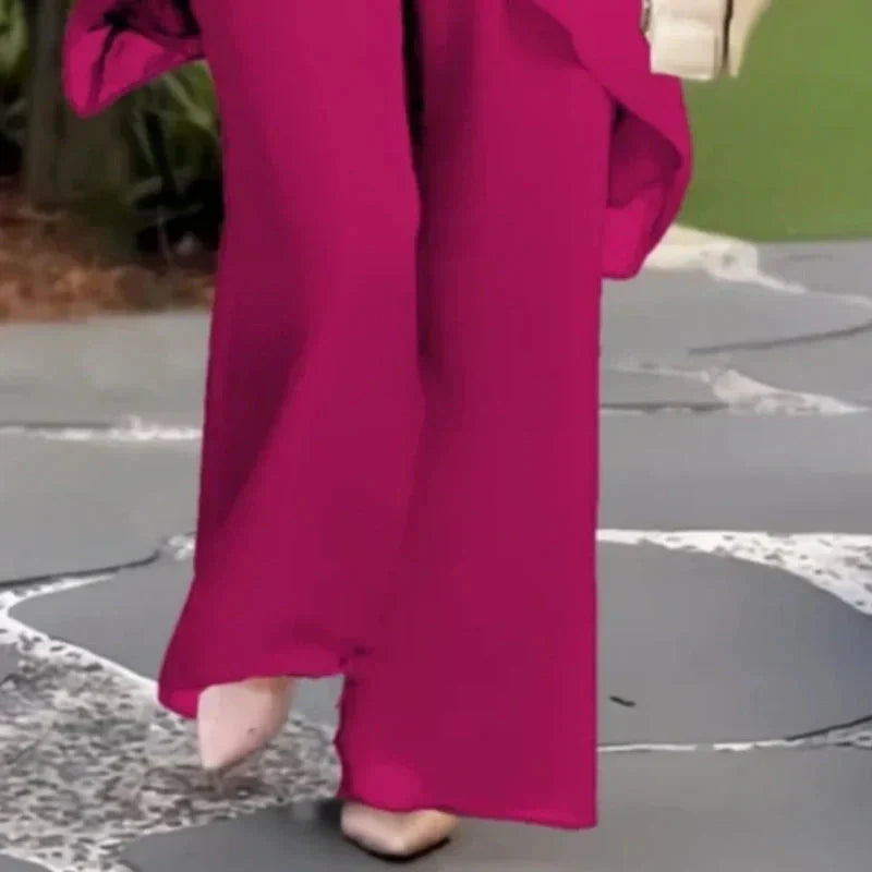 Gluschwein - Damen-Zweiteiler: Charmantes asymmetrisches Top & Hose mit weitem Bein
