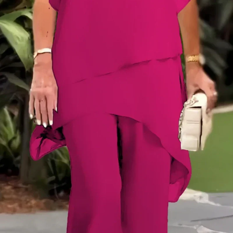 Gluschwein - Damen-Zweiteiler: Charmantes asymmetrisches Top & Hose mit weitem Bein