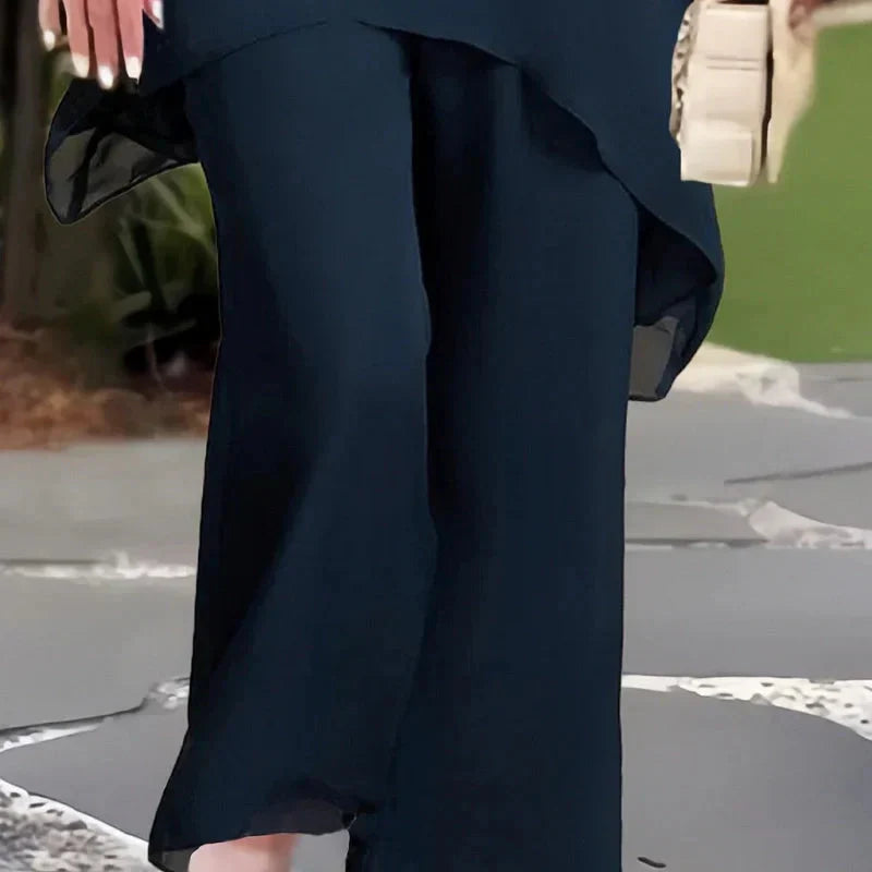 Gluschwein - Damen-Zweiteiler: Charmantes asymmetrisches Top & Hose mit weitem Bein