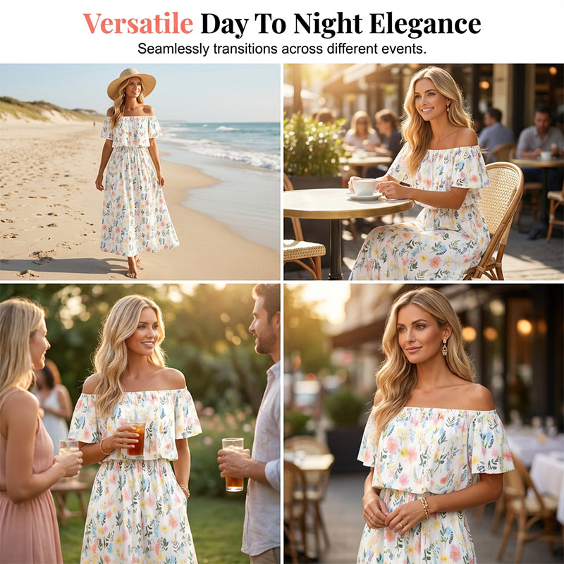 🌺 LIMITIERT: 49% RABATT! 🔥 Boho Off-Shoulder Maxikleid mit Schlitz & Taschen – Leicht, Weiblich & Perfekt für den Alltag 👗