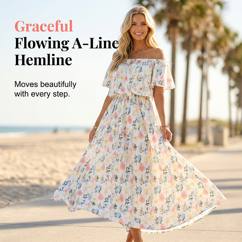 🌺 LIMITIERT: 49% RABATT! 🔥 Boho Off-Shoulder Maxikleid mit Schlitz & Taschen – Leicht, Weiblich & Perfekt für den Alltag 👗