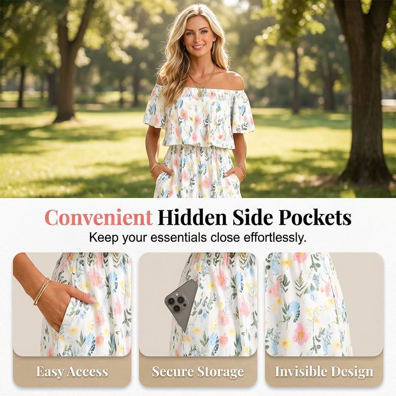 🌺 LIMITIERT: 49% RABATT! 🔥 Boho Off-Shoulder Maxikleid mit Schlitz & Taschen – Leicht, Weiblich & Perfekt für den Alltag 👗