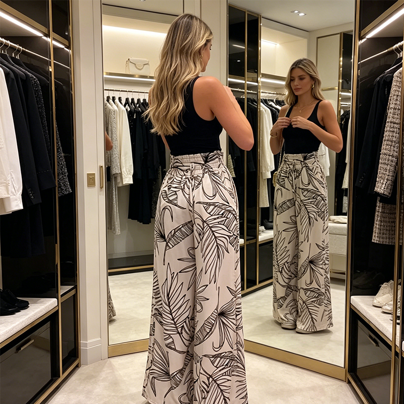Damenhose mit elastischem Bund, hohem Bund, Blätterprint und weitem Bein