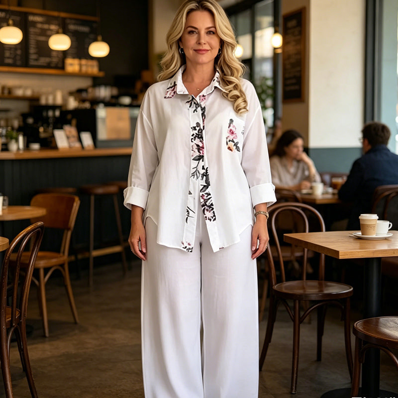 Set aus einem locker sitzenden Damenhemd und einer Hose mit weitem Bein