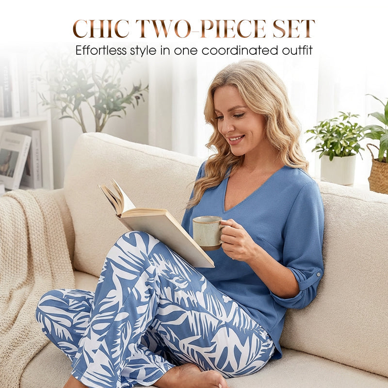 Gluschwein - Set aus Damenbluse mit V-Ausschnitt und bedruckter Hose mit weitem Bein