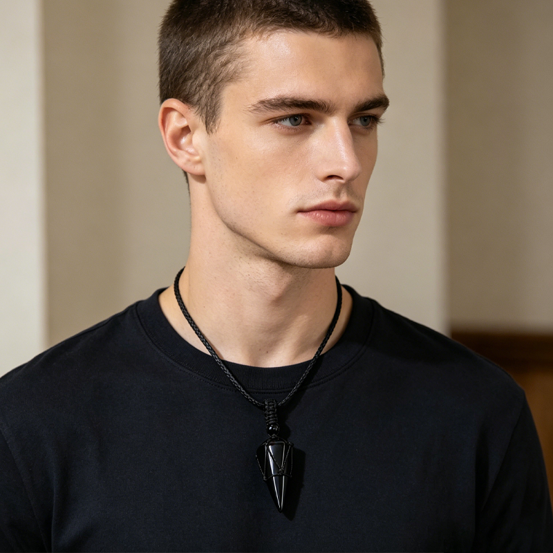 🖤 LIMITIERT: 60% RABATT! ✨ Konischer Anhänger aus Synthetischem Obsidian – Unisex, Gewebtes Netz, Verstellbare Kordel & Minimalistisch 🎁