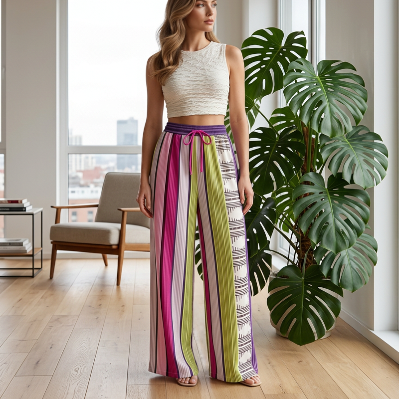 👖 50% RABATT! 🌈 Damen Colorblock Streifen Weite Hose – Leichter Stoff, Bequeme Passform & Perfekt Für Einen Lässigen, Farbenfrohen Look ✨