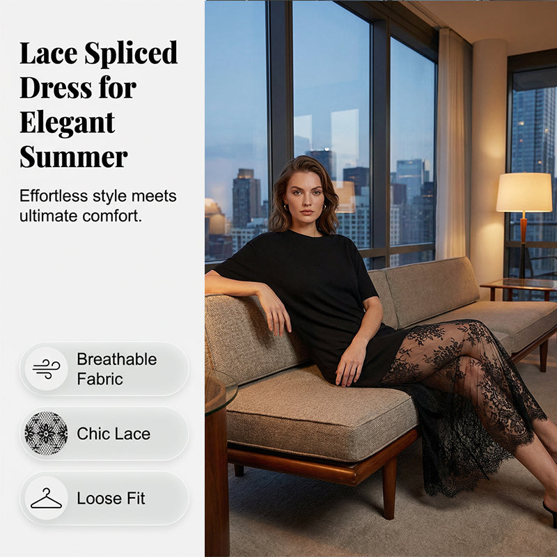 ✨Modernes T-Shirt-Kleid im Lagenlook mit Spitzenbesatz