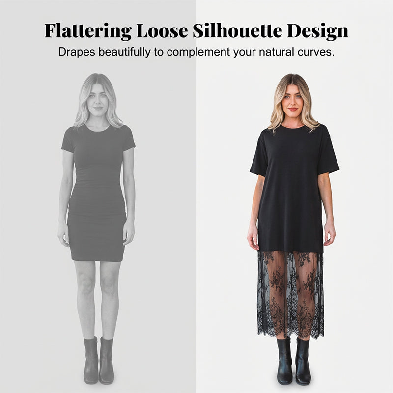 ✨Modernes T-Shirt-Kleid im Lagenlook mit Spitzenbesatz