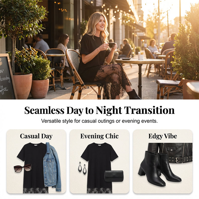 ✨Modernes T-Shirt-Kleid im Lagenlook mit Spitzenbesatz
