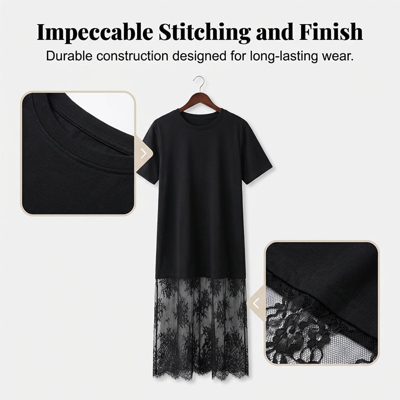 ✨Modernes T-Shirt-Kleid im Lagenlook mit Spitzenbesatz