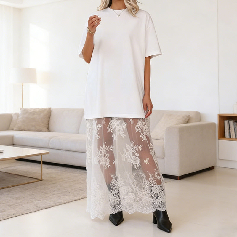 ✨Modernes T-Shirt-Kleid im Lagenlook mit Spitzenbesatz