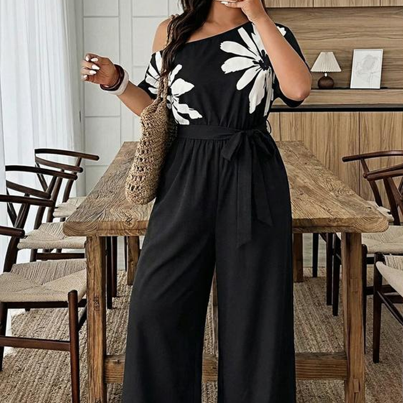 🌸 Damen-Jumpsuit mit weitem Bein, Blumenmuster und Bindegürtel