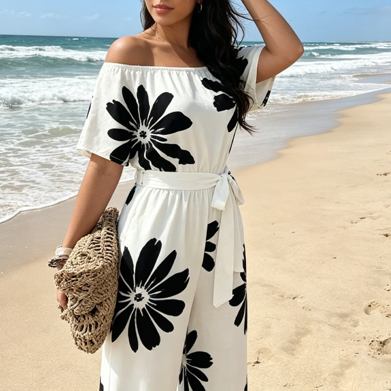 🌸 Damen-Jumpsuit mit weitem Bein, Blumenmuster und Bindegürtel