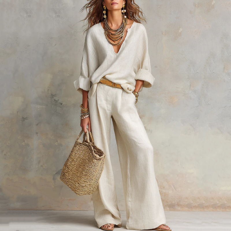 2-teiliges Set aus Damen-Top mit V-Ausschnitt und Hose mit weitem Bein