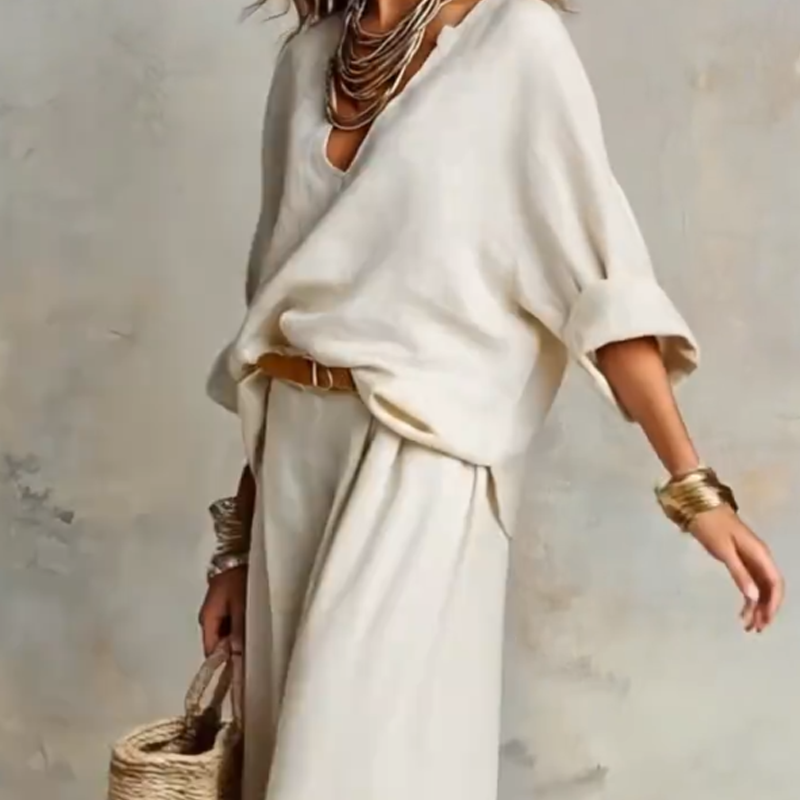 2-teiliges Set aus Damen-Top mit V-Ausschnitt und Hose mit weitem Bein